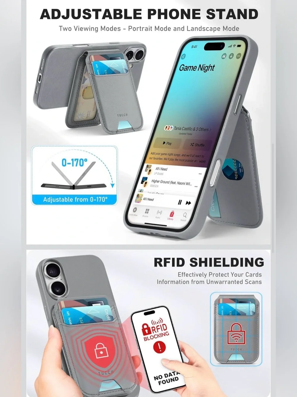 Gray RFID Blocking Magnetic Wallet & Phone Case for IPhone 16